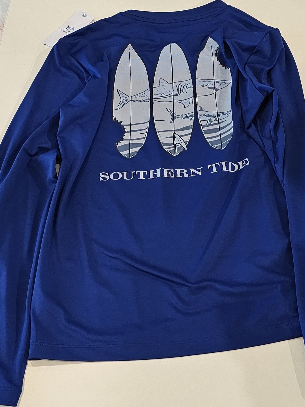 Southern Tide Royal Blue Long Sleeve Performance Tee with Surfboard Shark Print